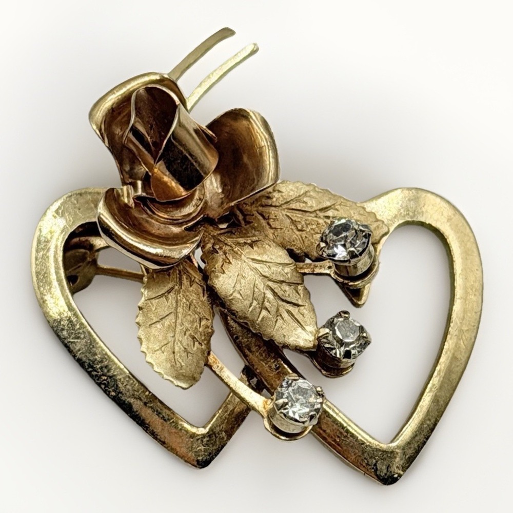 Vtg Gold Tone Double Heart Brooch Rhinestone Leaf Floral‎ Pin Romantic